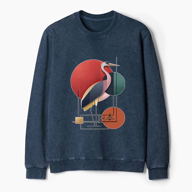 Tokyo-Tiger Geometric Crane Art Washed Terry Sweatshirt