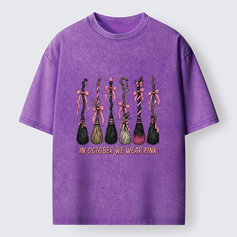 Tokyo-Tiger Witch Broom Breast Cancer Awareness Washed T-Shirt