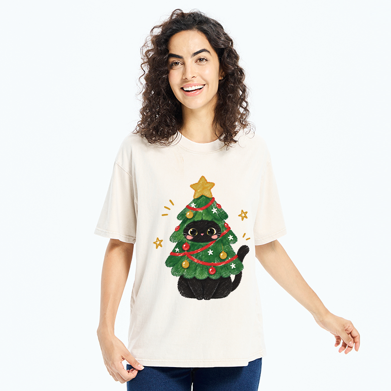 Tokyo-Tiger Christmas Tree Black Cat Washed T-Shirt