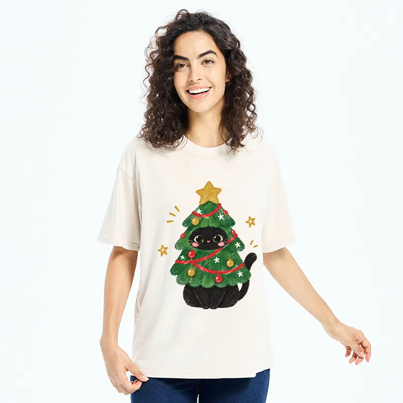 Tokyo-Tiger Christmas Tree Black Cat Washed T-Shirt