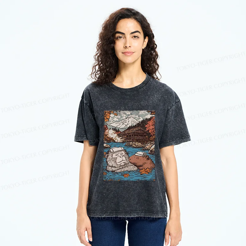 Tokyo-Tiger Monkeys And Capybaras Taking A Bath Washed T-Shirt