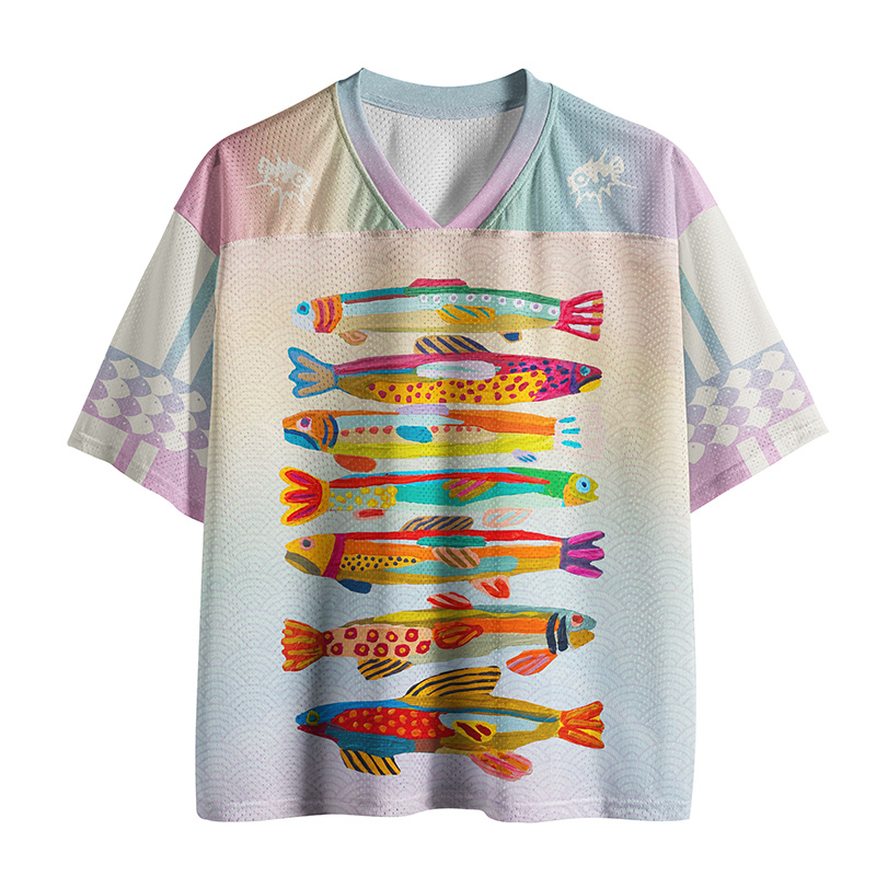 Tokyo-Tiger Colorful Fish Folk Art Print Mesh Jersey
