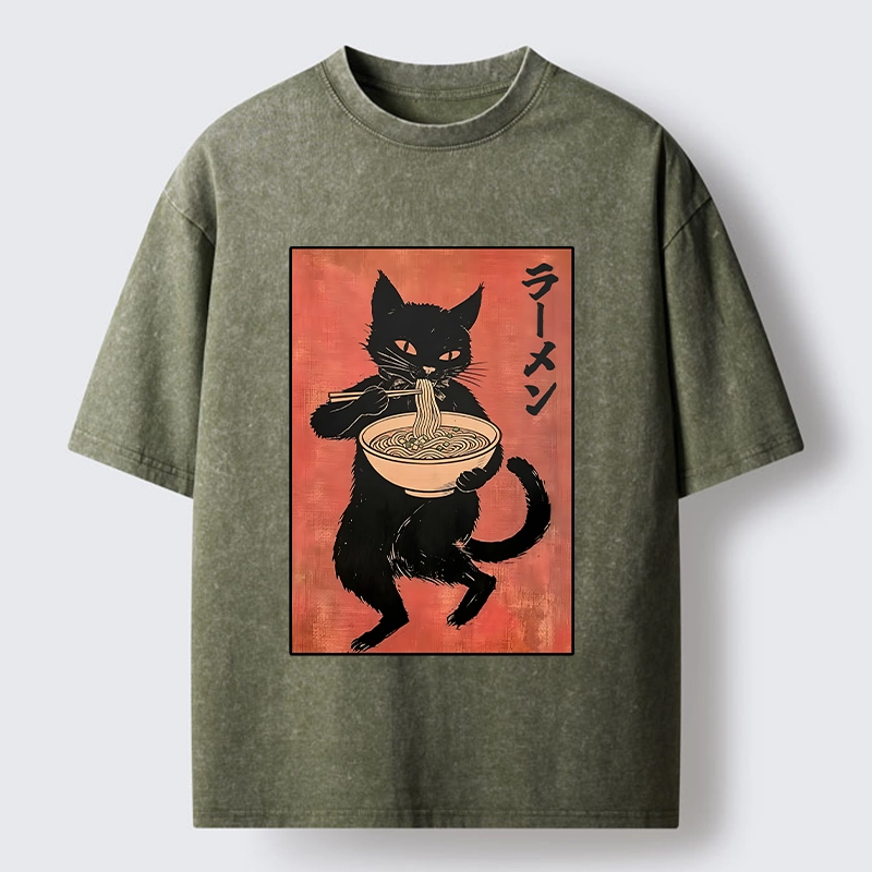 Tokyo‑Tiger Retro Cat Ramen Washed T‑Shirt