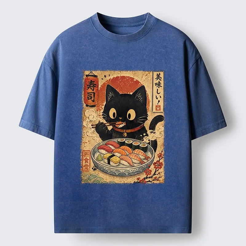 Tokyo‑Tiger Japanese Food Cat Washed T‑Shirt