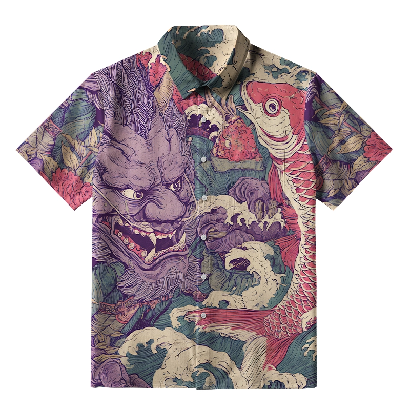 Tokyo-Tiger Dragon And Koi In The Waves Button-up Shirt
