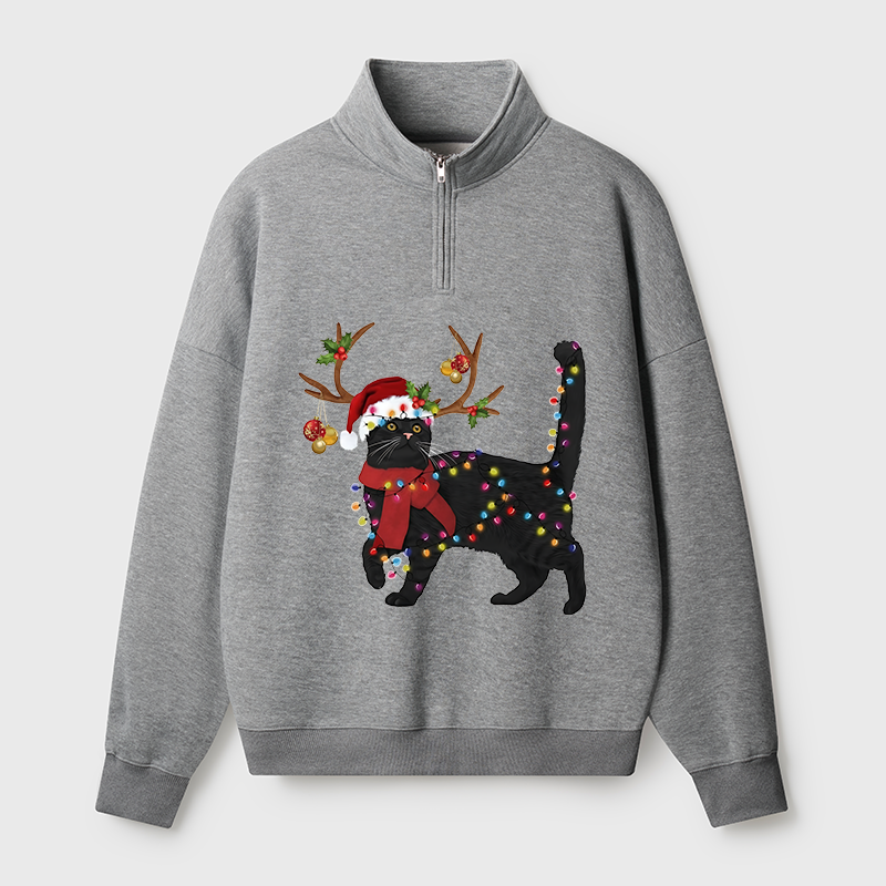 Tokyo-Tiger Christmas Black Cat Half Zip Fleece Sweatshirt