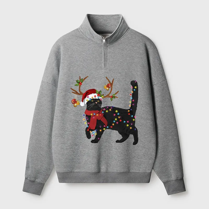 Tokyo-Tiger Christmas Black Cat Half Zip Fleece Sweatshirt