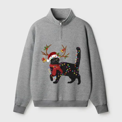 Tokyo-Tiger Christmas Black Cat Half Zip Fleece Sweatshirt