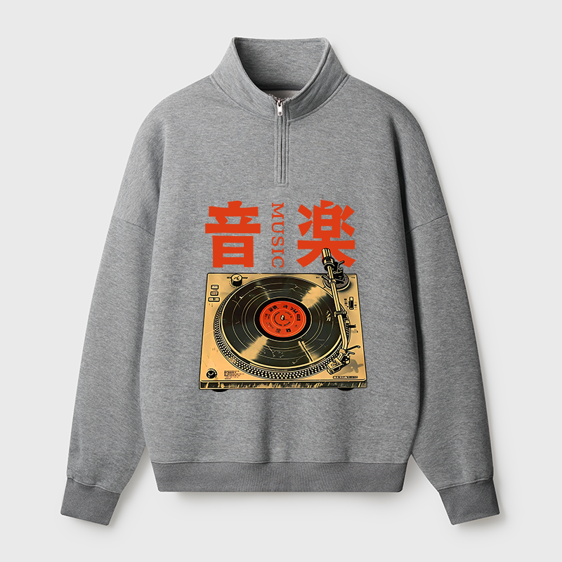 Tokyo-Tiger Retro Music Record Player Half Zip Fleece Sweatshirt