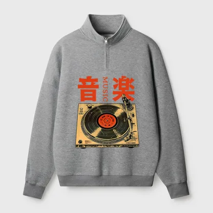 Tokyo-Tiger Retro Music Record Player Half Zip Fleece Sweatshirt