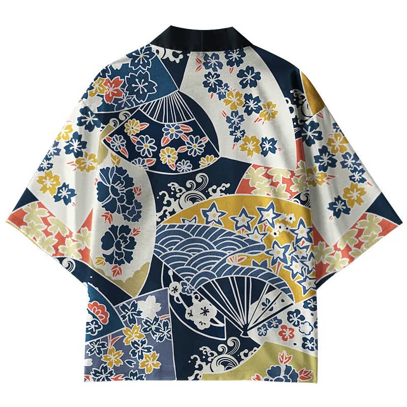 Tokyo-Tiger Japanese Flowers And Folding Fans Kimono Cardigan