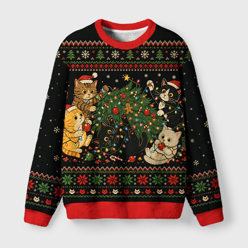 Tokyo-Tiger Cats Decorate Tree Fuzzy Christmas Ugly Sweatshirt