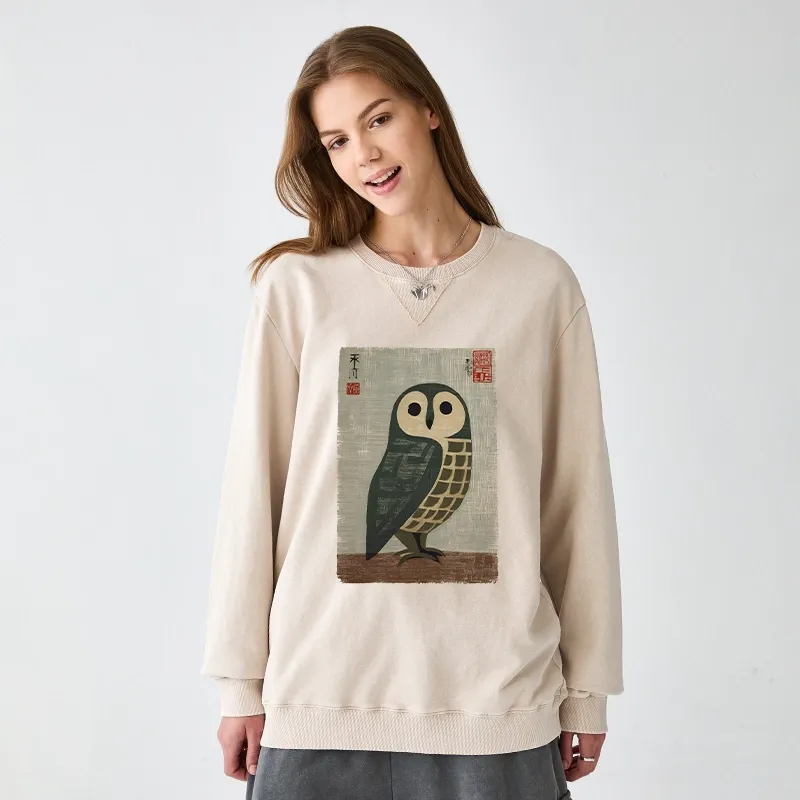Tokyo-Tiger Traditional Owl In Japanese Art Washed Terry Sweatshirt
