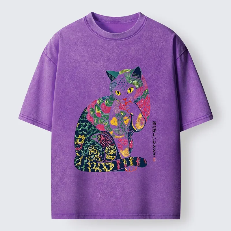 Tokyo‑Tiger Colorful Japanese Cat Washed T‑Shirt
