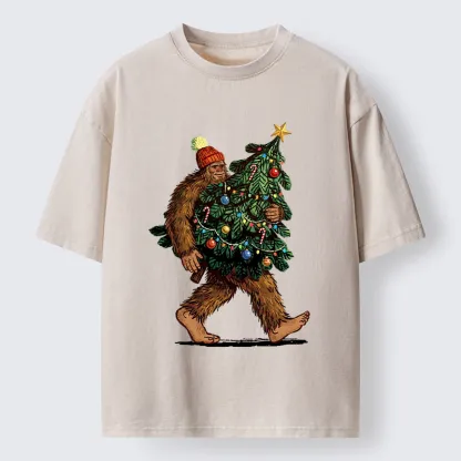 Tokyo-Tiger Monster Carrying Christmas Tree Washed T-Shirt