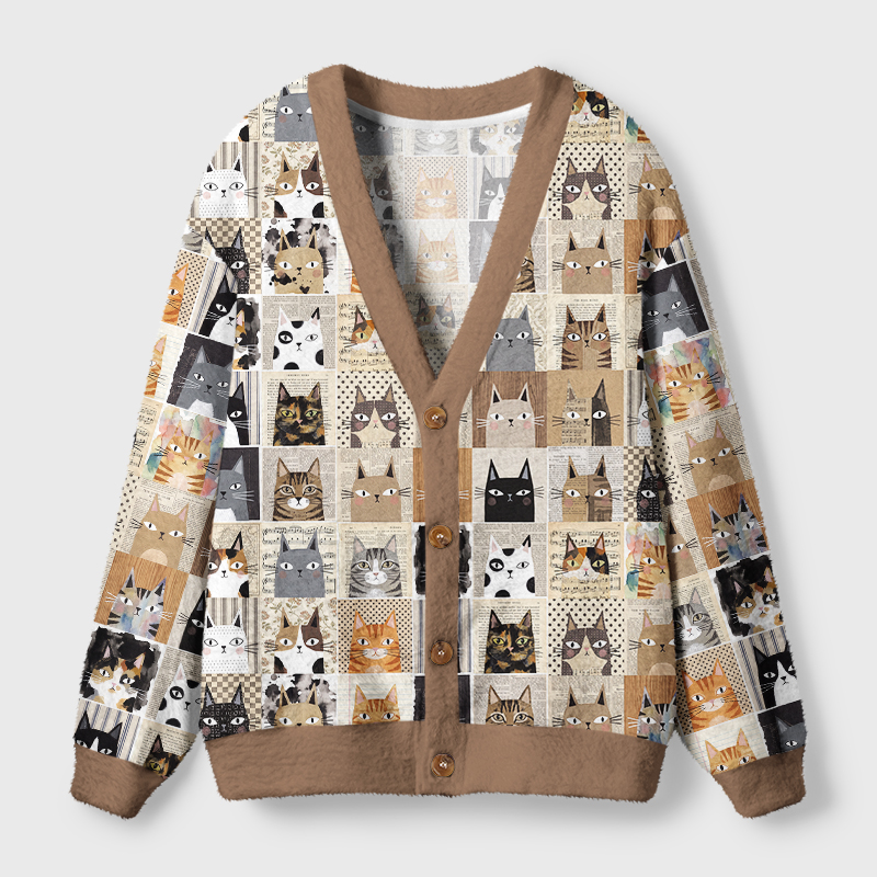 Tokyo-Tiger Retro Paper Collage Cat Ugly Cardigan Sweater