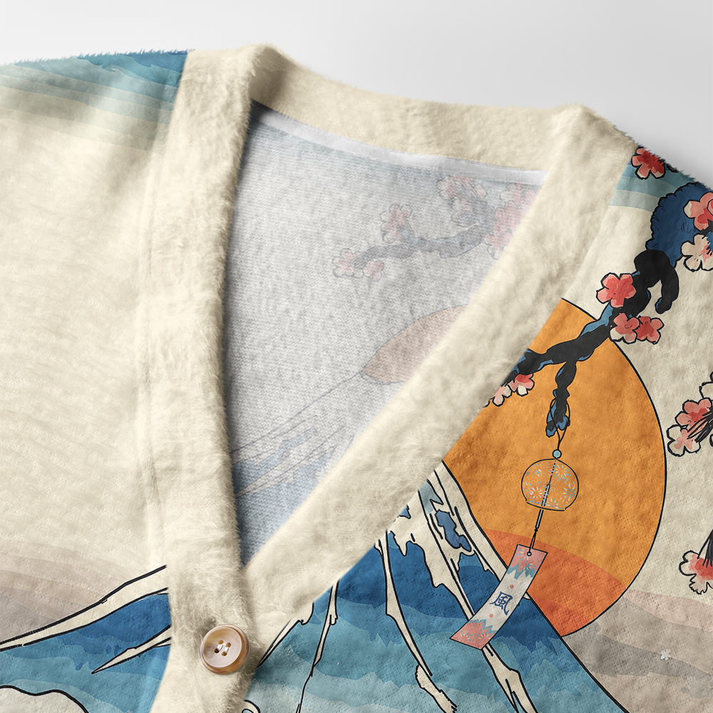 Tokyo-Tiger Cat Looking At The Great Wave Ugly Cardigan Sweater