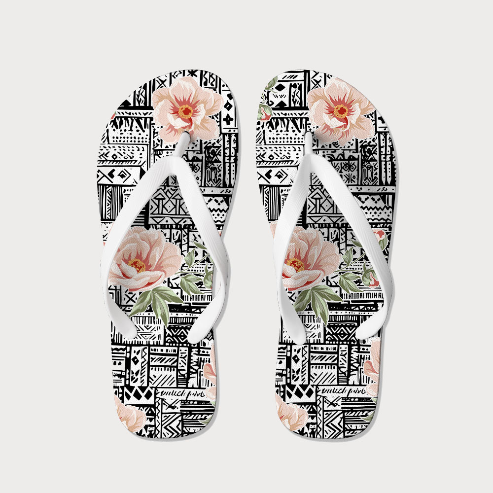 Tokyo-Tiger Flowers In Line Art Flip Flops