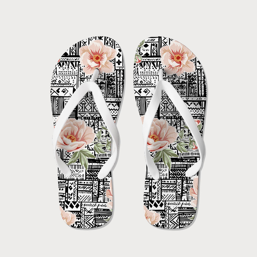 Tokyo-Tiger Flowers In Line Art Flip Flops