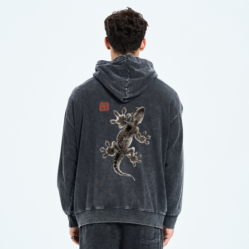 Tokyo-Tiger Minimal Asian Ink Brush Gecko Vibe Washed Zip Hoodie