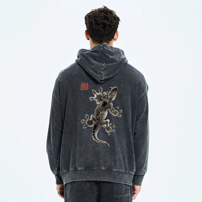 Tokyo-Tiger Minimal Asian Ink Brush Gecko Vibe Washed Zip Hoodie