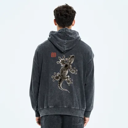 Tokyo-Tiger Minimal Asian Ink Brush Gecko Vibe Washed Zip Hoodie