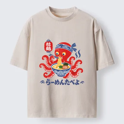 Tokyo-Tiger Vintage Octopus Eating Ramen Washed T-Shirt