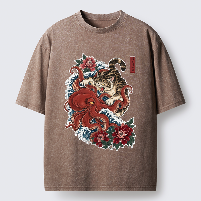 Tokyo-Tiger Ukiyo Style Cat Fighting Octopus Washed T-Shirt