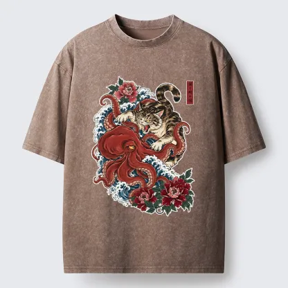 Tokyo-Tiger Ukiyo Style Cat Fighting Octopus Washed T-Shirt