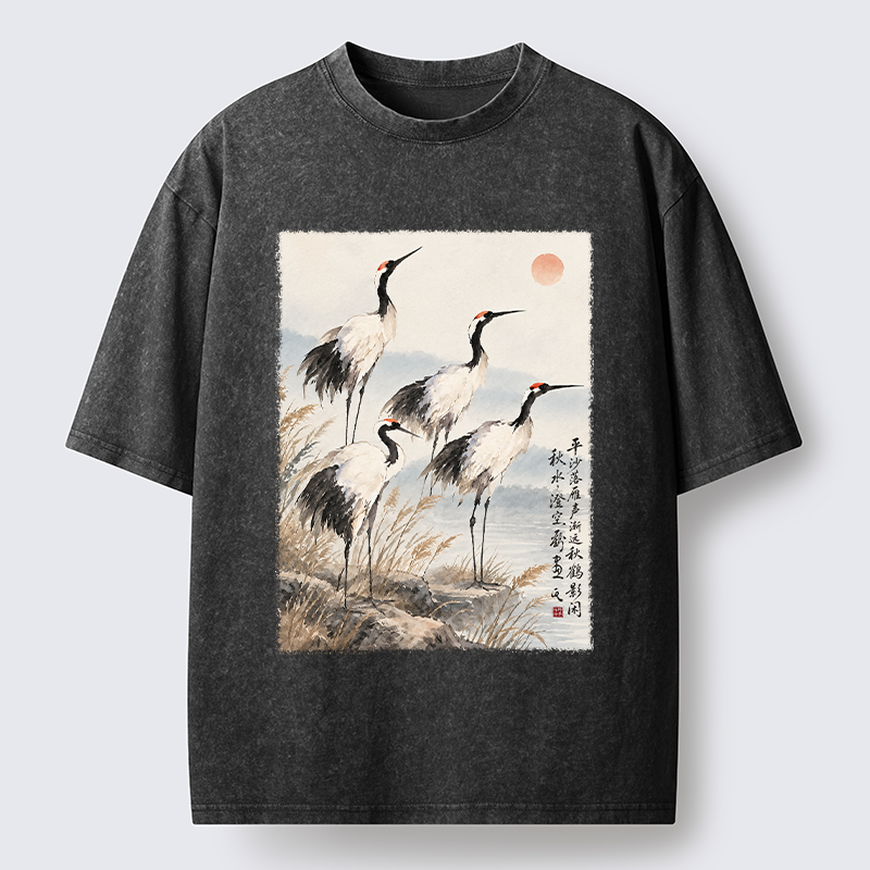 Tokyo-Tiger Vintage Oriental Crane Art Washed T-Shirt