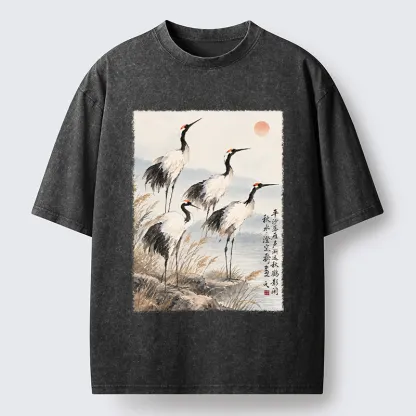 Tokyo-Tiger Vintage Oriental Crane Art Washed T-Shirt