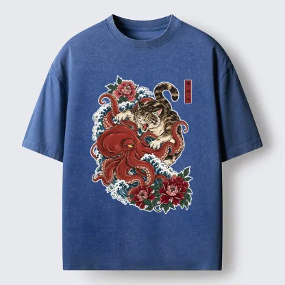 Tokyo-Tiger Ukiyo Style Cat Fighting Octopus Washed T-Shirt