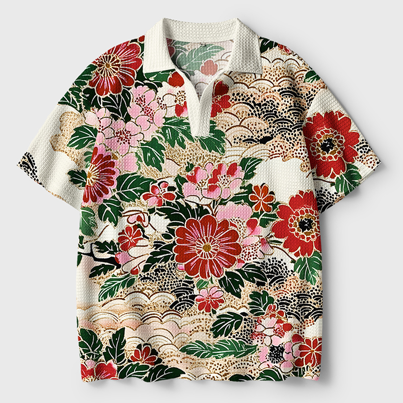 Tokyo-Tiger Floral Splendor Crochet Polo Shirt