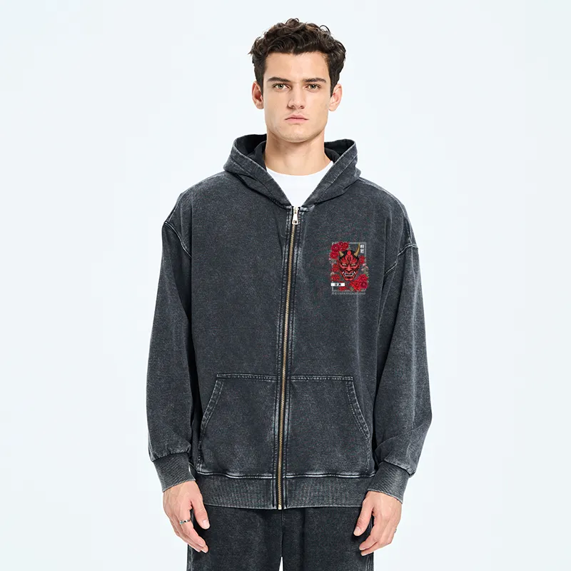 Tokyo-Tiger Cool Oni Floral Art Washed Zip Hoodie