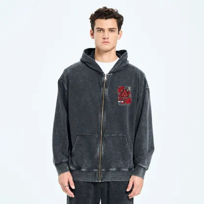 Tokyo-Tiger Cool Oni Floral Art Washed Zip Hoodie