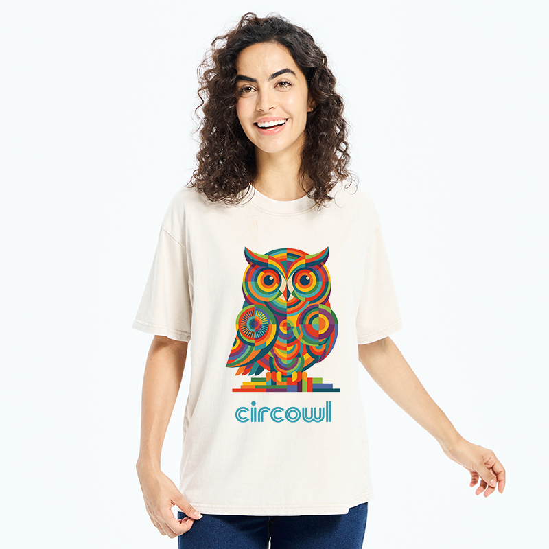 Tokyo-Tiger Colorful Circle Owl Washed T-Shirt