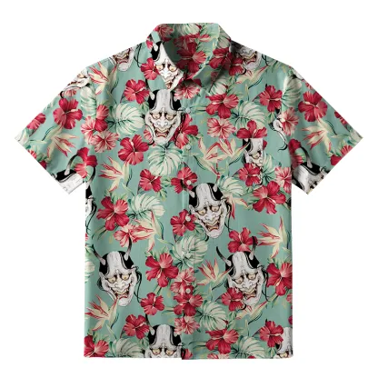 Tokyo-Tiger Oni Mask And Flower Button-up Shirt