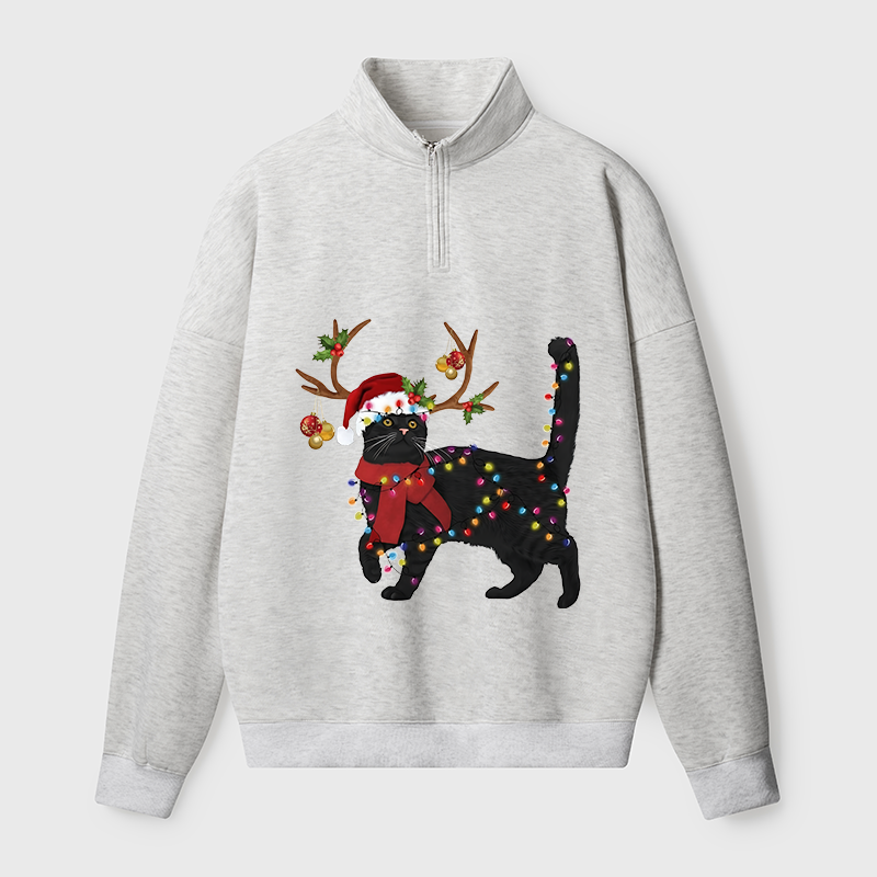 Tokyo-Tiger Christmas Black Cat Half Zip Fleece Sweatshirt