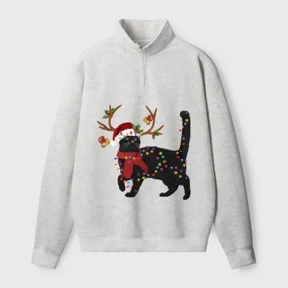 Tokyo-Tiger Christmas Black Cat Half Zip Fleece Sweatshirt