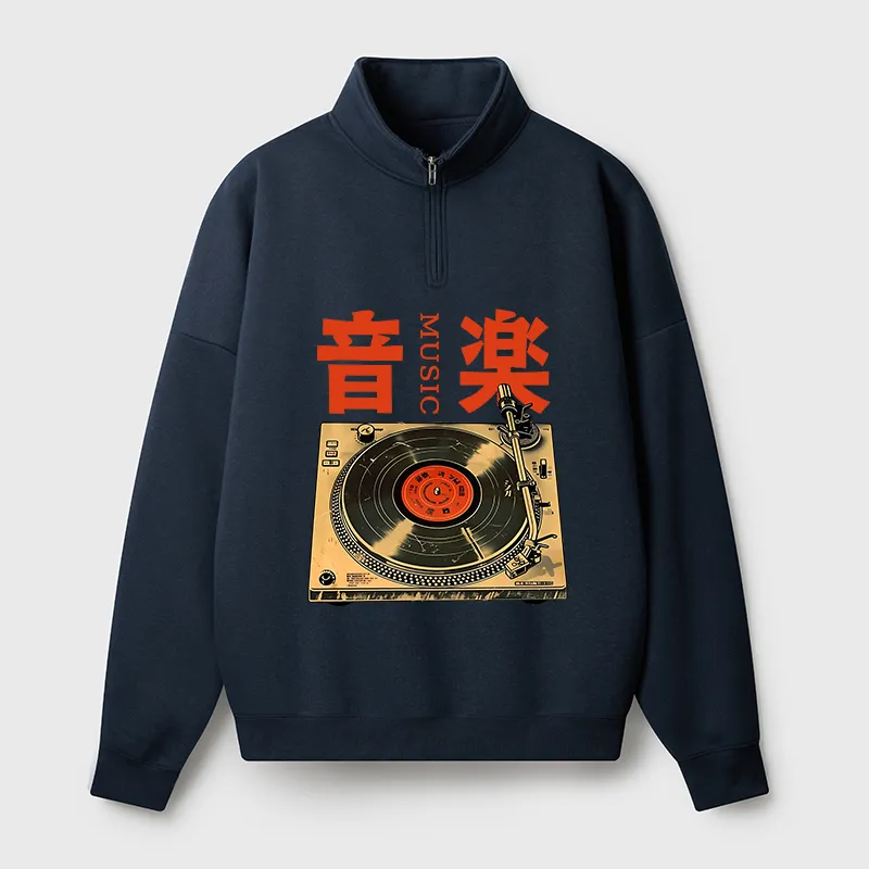 Tokyo-Tiger Retro Music Record Player Half Zip Fleece Sweatshirt