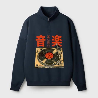 Tokyo-Tiger Retro Music Record Player Half Zip Fleece Sweatshirt