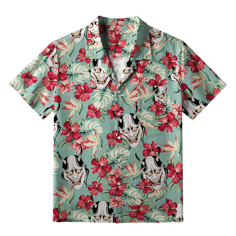 Tokyo-Tiger Oni Mask And Flower Aloha Hawaiian Shirt