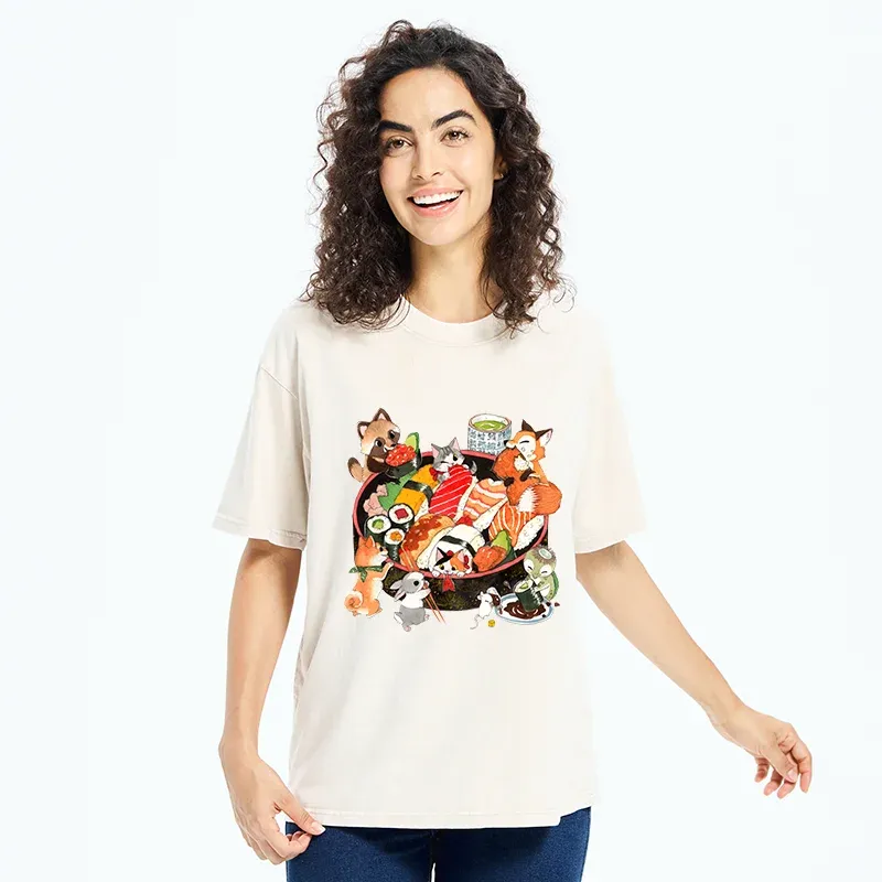 Tokyo-Tiger Sushi Animal Party Washed T-Shirt