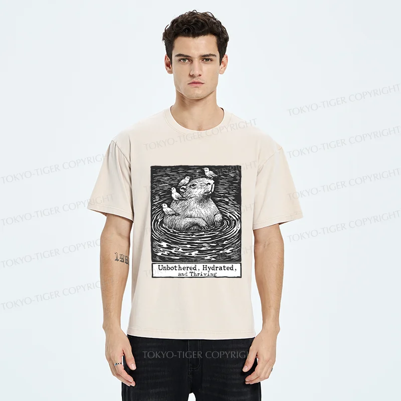 Tokyo-Tiger Capybara Taking A Bath Washed T-Shirt