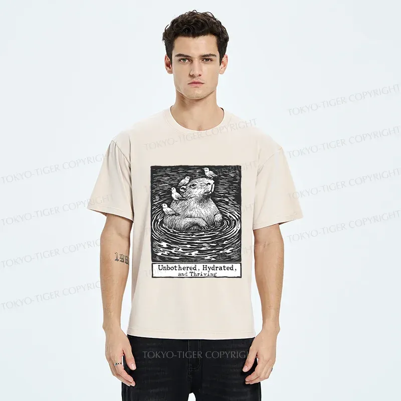 Tokyo-Tiger Capybara Taking A Bath Washed T-Shirt