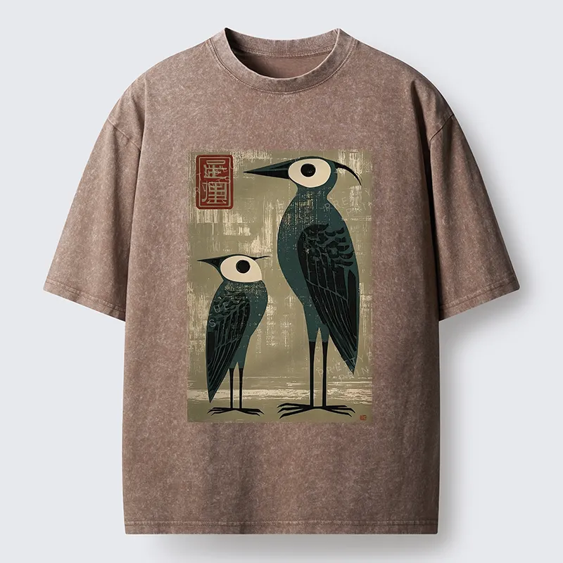 Tokyo-Tiger Retro Two Birds Art Washed T-Shirt