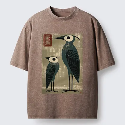 Tokyo-Tiger Retro Two Birds Art Washed T-Shirt