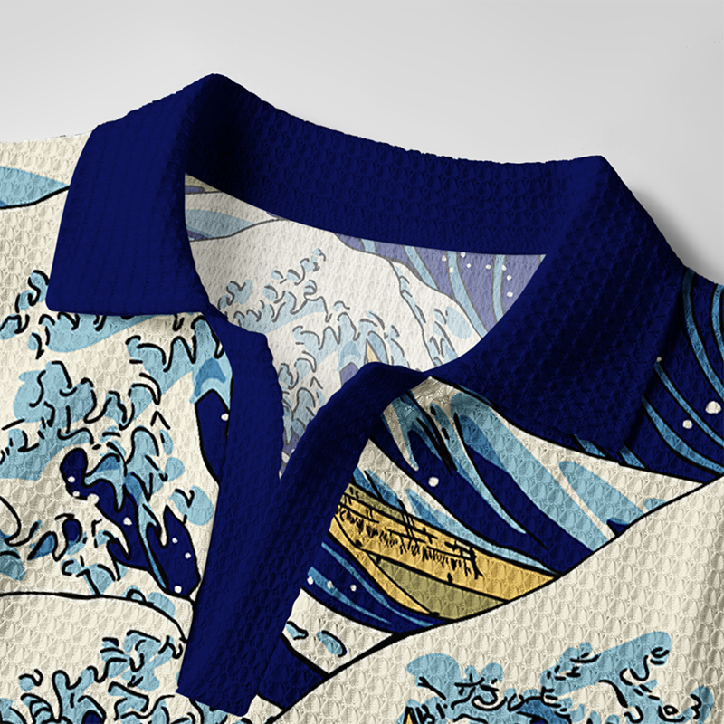 Tokyo-Tiger Japanese Great Wave Crochet Polo Shirt