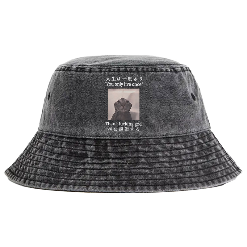 Tokyo-Tiger Funny Melancholy Cat Washed Bucket Hat