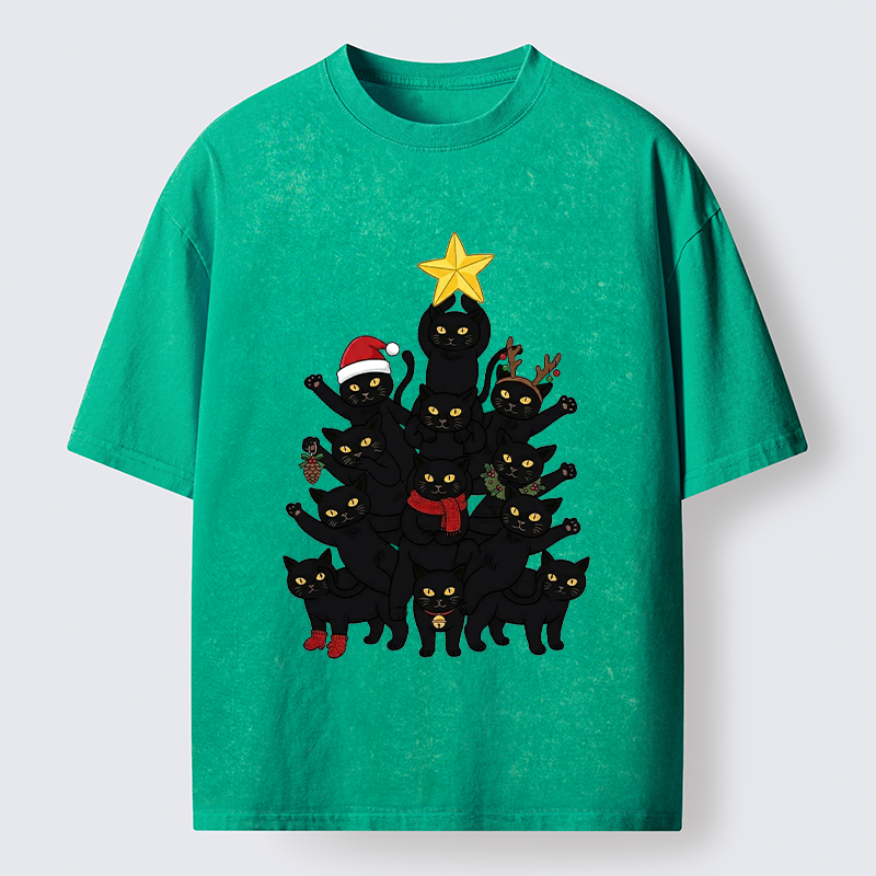 Tokyo-Tiger Stacked Black Cat Christmas Tree Washed T-Shirt